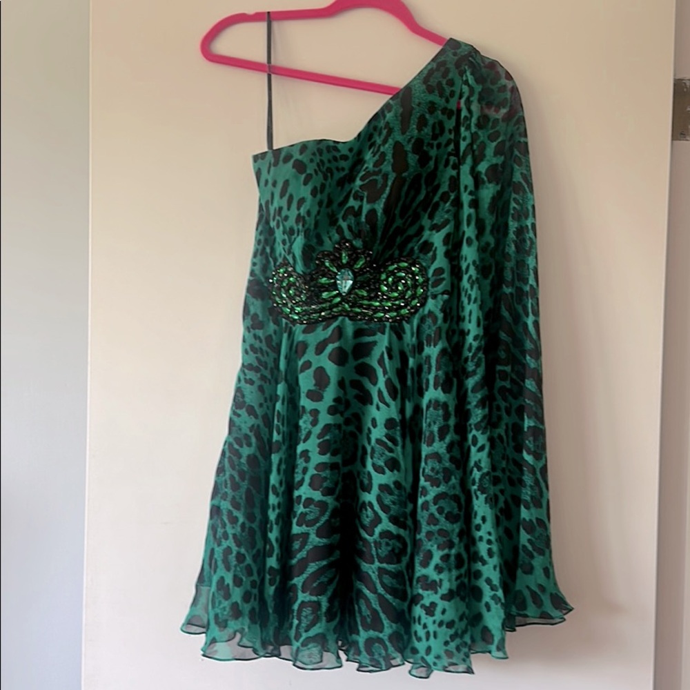 Green leopard print one shoulder mini dress